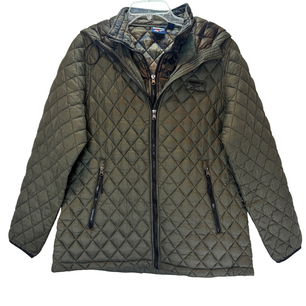 Reebok Quilted Hooded Jacket Size Large Olive Green Gorpcore Camo Puffer Outdoor - Picture 1 of 3